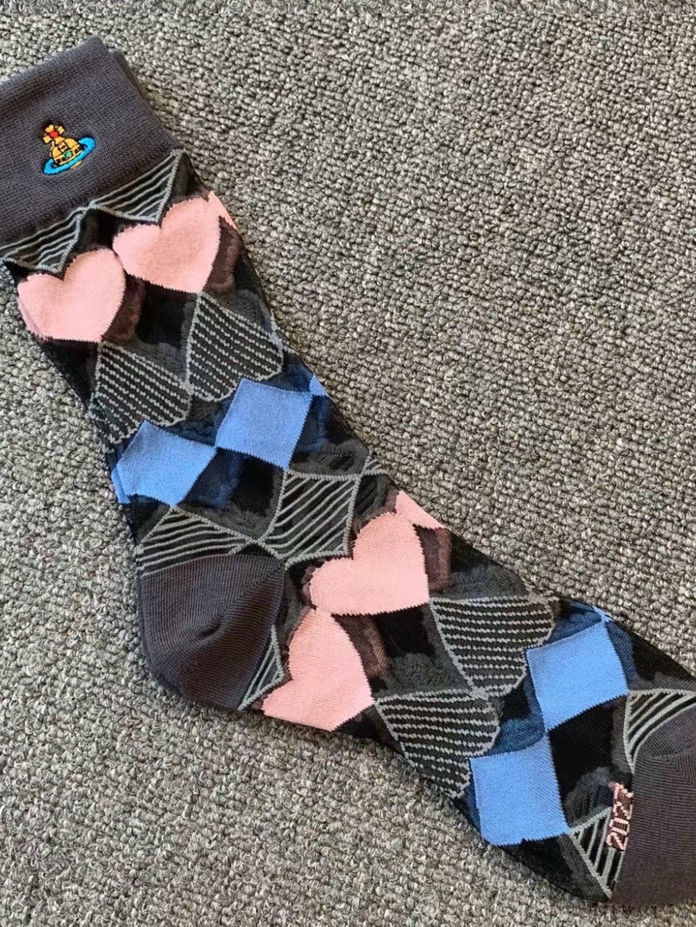 Vivienne Westwood Black Socks with Pink Hearts & Blue Argyle transparent breatha